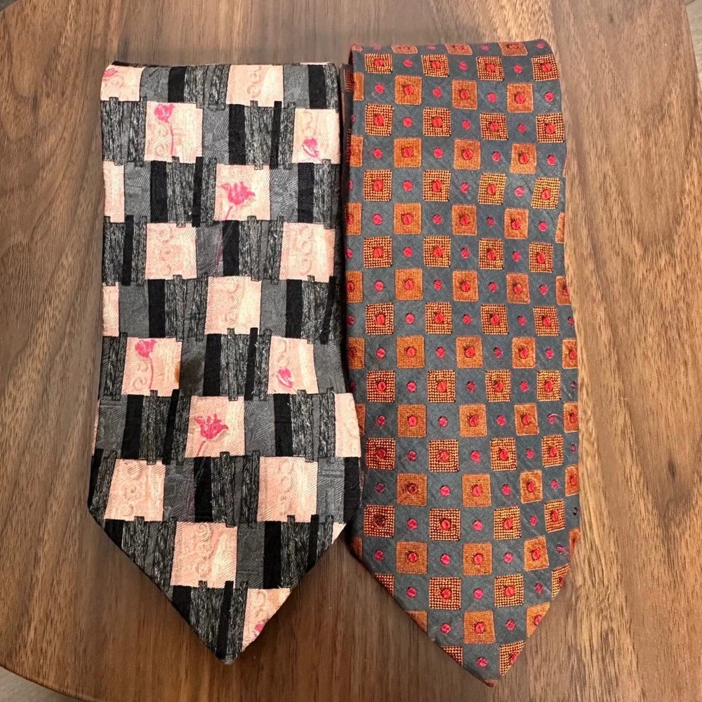 Ermenegildo Zegna Silk Necktie Lot 2 Mens‎ Geometric Abstract Blue Pink Italy